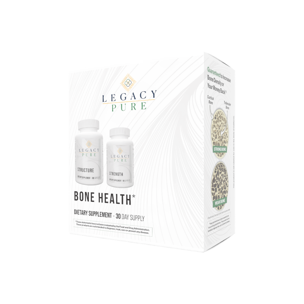 Legacy Pure Bone Health dietary supplement box showing two white bottles on a clean white background.