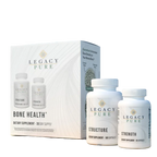 Legacy Pure Bone Health dietary supplement set, featuring a white product box and two white plastic bottles labeled Structure and Strength with white caps, on a plain white background.
