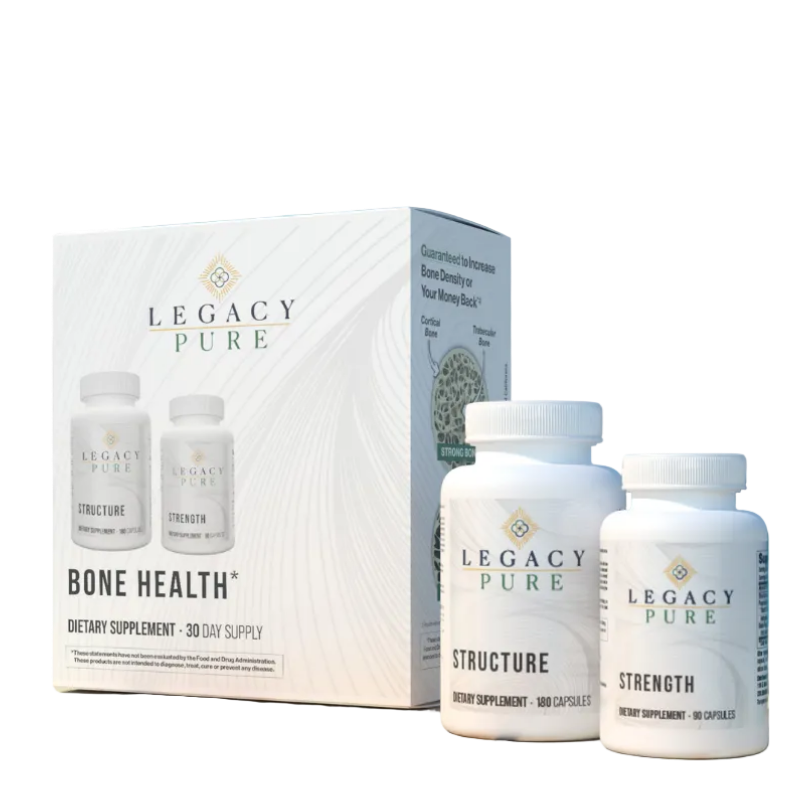 Legacy Pure Bone Health dietary supplement set, featuring a white product box and two white plastic bottles labeled Structure and Strength with white caps, on a plain white background.