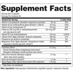 A close-up of a supplement facts label showing serving size 3 capsules, daily value percentages, and a list of ingredients including Vitamin B3, Vitamin B12, Tienqi Ginseng, Silicon, Boron, and Black Pepper.