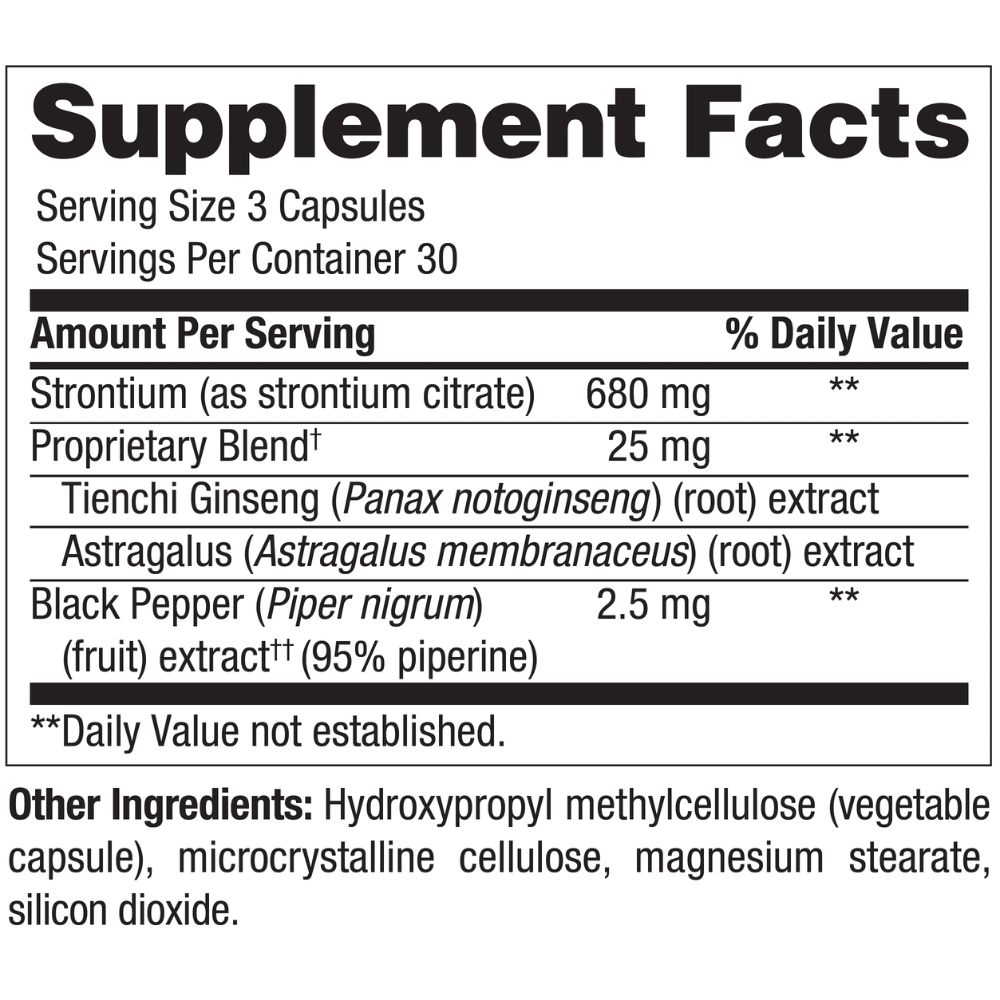 A Supplement Facts label showing a supplement's ingredients list, including Strontium, Tienchi Ginseng, Astragalus, and Black Pepper, with serving size 3 capsules and 30 servings per container.