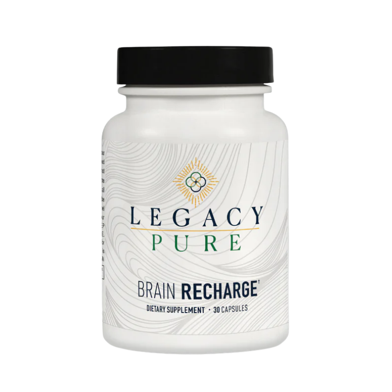 Legacy Pure Brain Recharge dietary supplement bottle with abstract wave label design