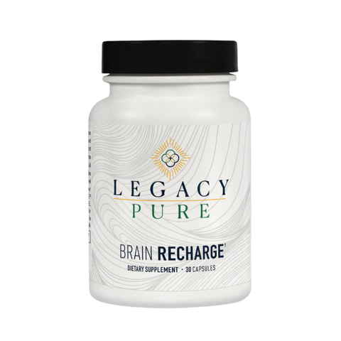 Legacy Pure Brain Recharge dietary supplement bottle with abstract wave label design