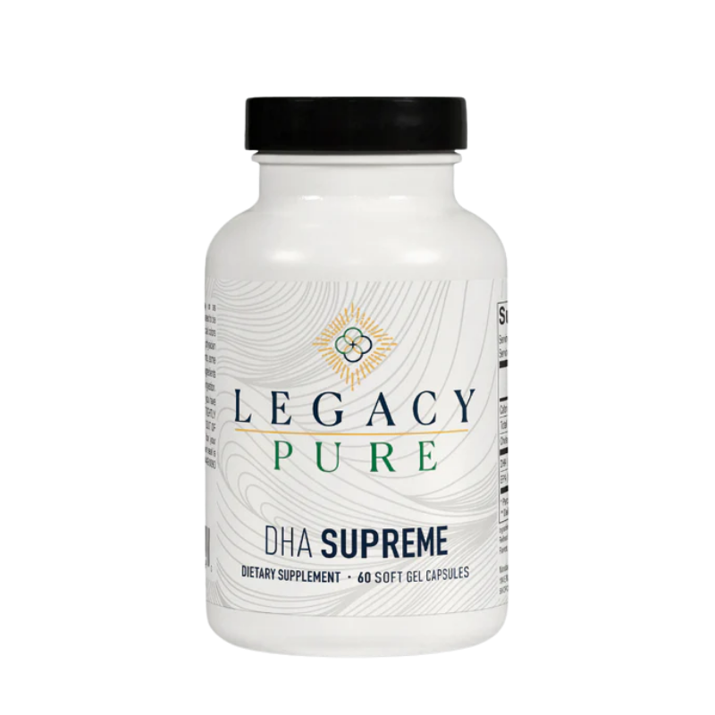 Legacy Pure DHA Supreme fish oil supplement bottle with 60 soft gel capsules