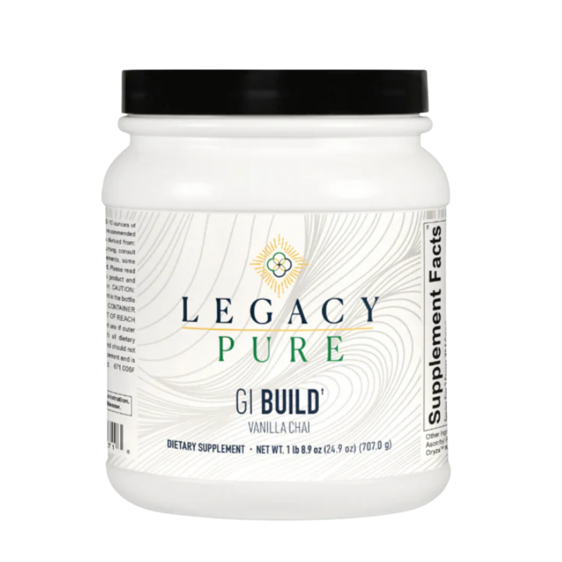 Legacy Pure GI Build Vanilla Chai dietary supplement in white container with black lid