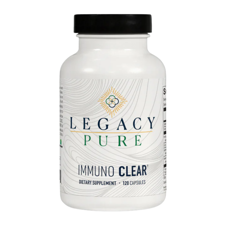 Legacy Pure Immuno Clear dietary supplement bottle with 120 capsules and minimalist label design