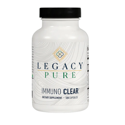 Legacy Pure Immuno Clear dietary supplement bottle with 120 capsules and minimalist label design