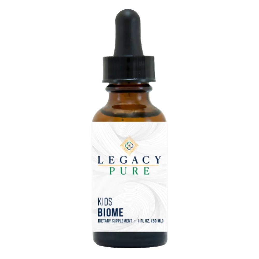 Legacy Pure Kids Biome dietary supplement in a 1 fl. oz. amber glass dropper bottle with a black cap and white label.