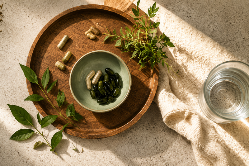 Wooden tray with a bowl of pills, leaves, and a glass of water on a textured surface.