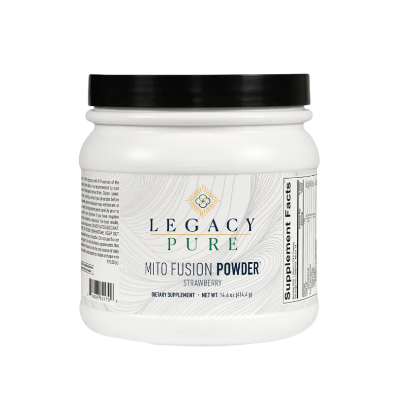 Legacy Pure Mito Fusion Powder strawberry flavor dietary supplement in white container