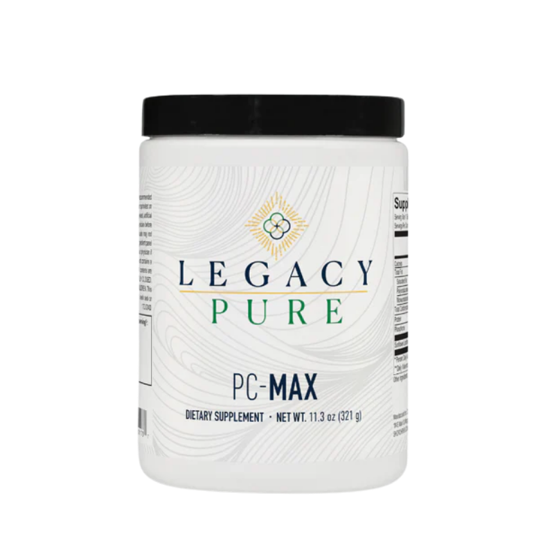 Legacy Pure PC Max Powder dietary supplement container with black lid and nutrition label