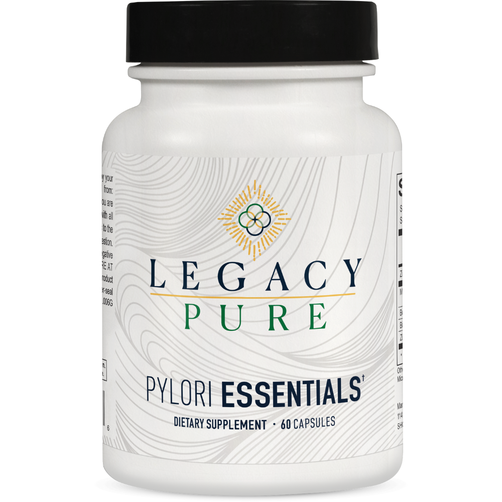 Legacy Pure Pylori Essentials dietary supplement bottle with 60 capsules for digestive wellness